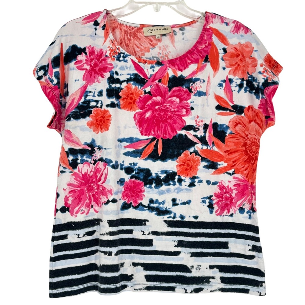 Jones New York Sport Womens Floral Tee Pink Orange Blue Stripe Top L